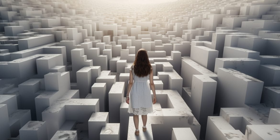 This shows a young woman in a maze.