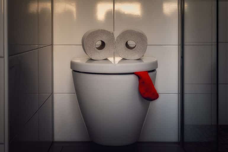 This shows a toilet with two toilet paper rolls on top and a red sock hanging out, making it look like a face