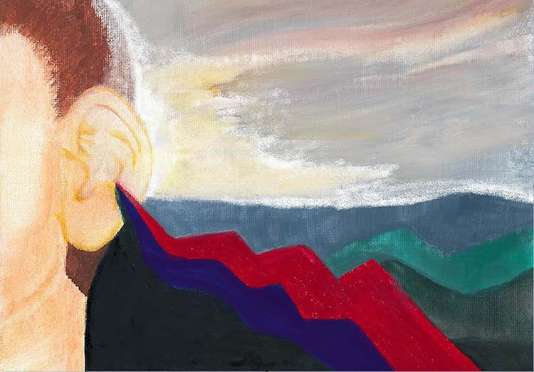 Painting of a person's ear and sound waves.