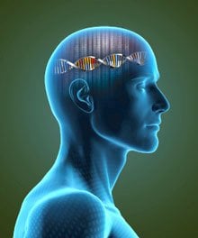 The image shows a human head with a dna double helix inside.